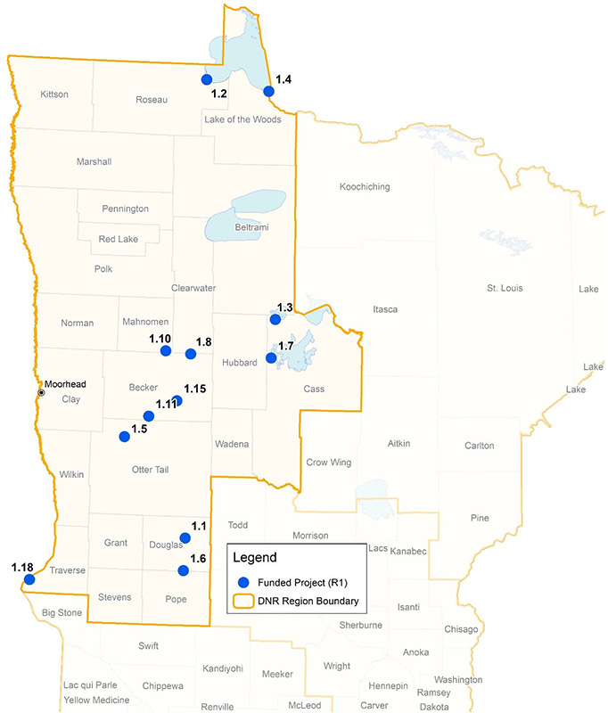 Map detailing MN-Fish's Region 1, representing western Minnesota fisheries.