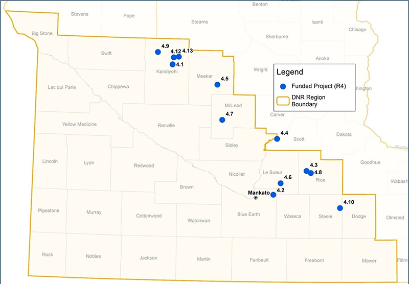 Map illustrating MN-Fish's Region 4, focusing on southern Minnesota fisheries.